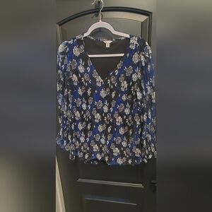 Floral V-Neck Blouse - Blue and Black-Large